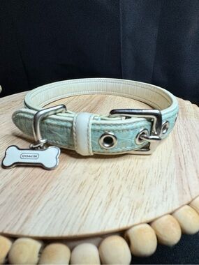 Coach baby blue canvas padded Leather Dog Collar with Bone Tag